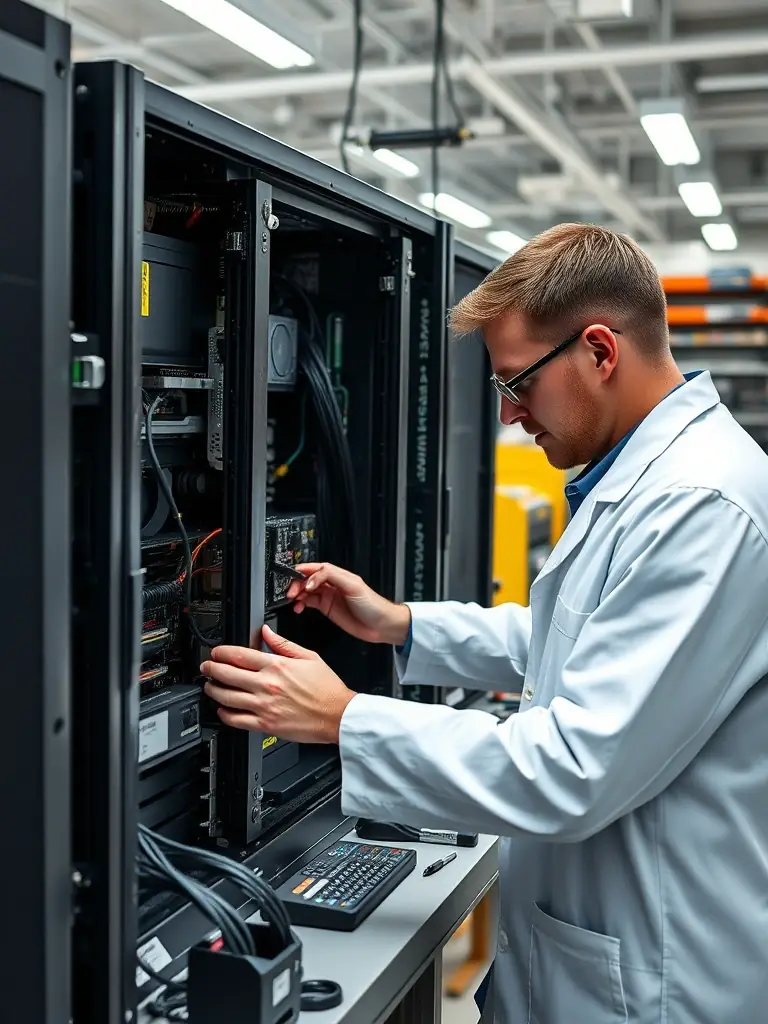 A photo of a server being assembled in a factory, highlighting the precision and quality control involved in the manufacturing process.