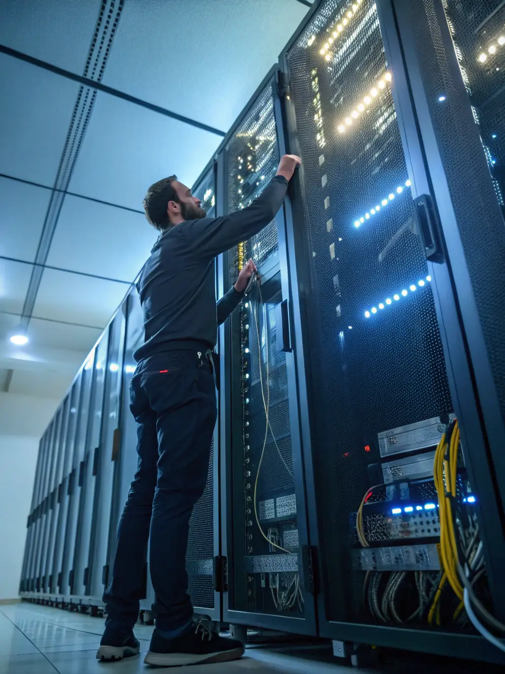 A photo of a data center technician installing server equipment, showcasing the final stage of the project and the integration of the new hardware.