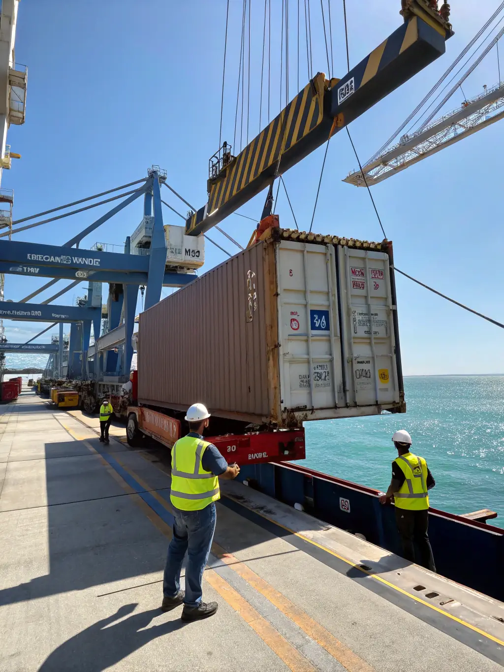 A photo of shipping containers being loaded onto a cargo ship, illustrating the global reach and logistical expertise of DDPservers.