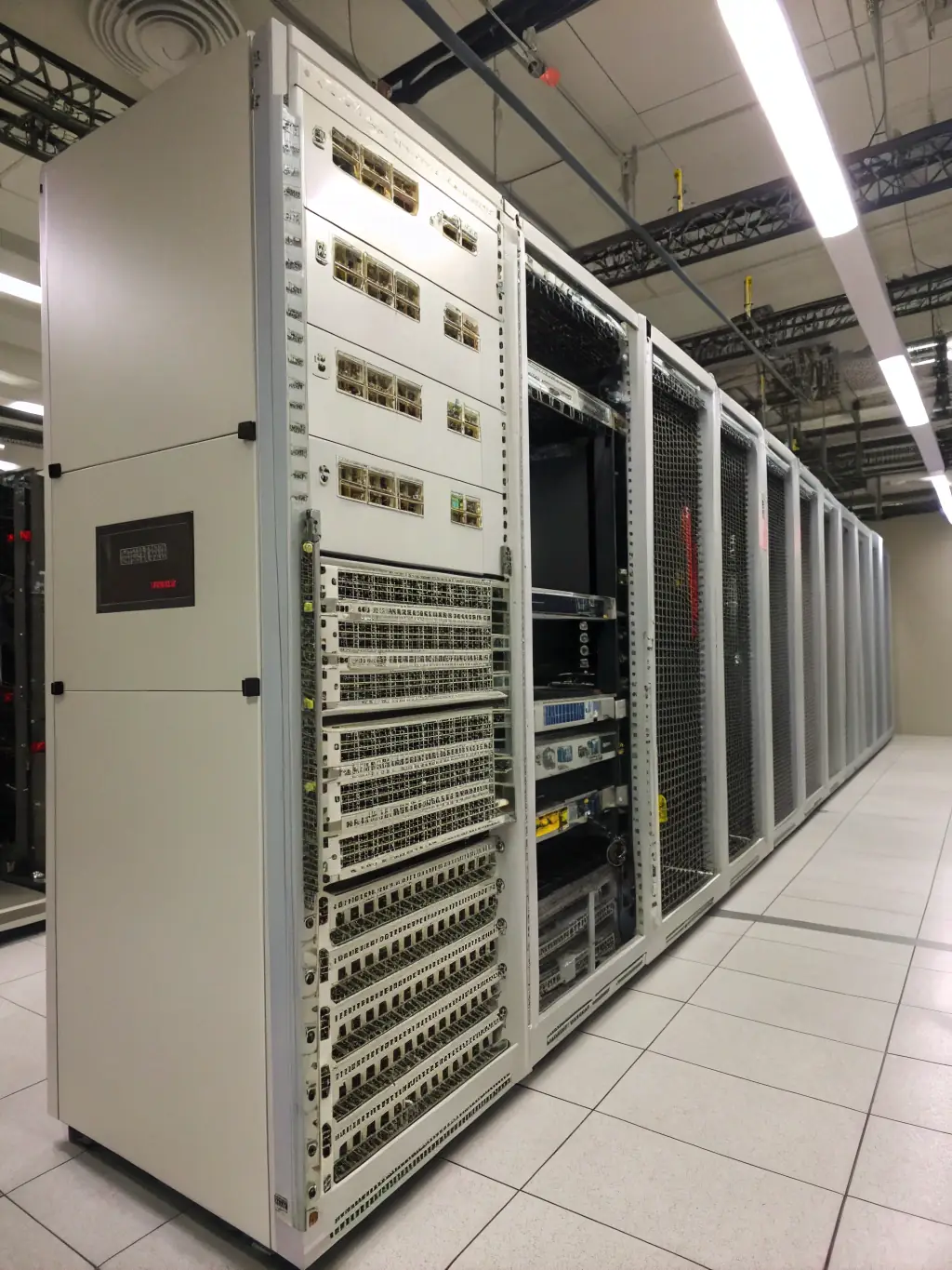 A detailed image of a Cisco Catalyst switch installed in a network rack, showcasing its numerous ports and connectivity options, essential for the SupplySphere network infrastructure.