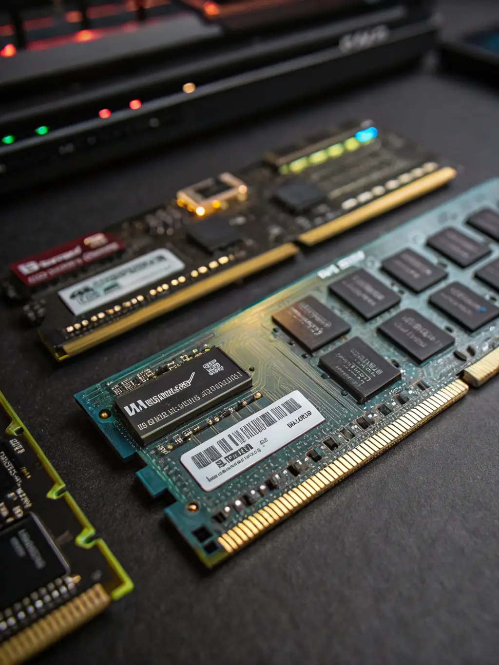 A photo of high-density memory modules installed in a server, emphasizing the importance of RAM capacity for handling large datasets in the SupplySphere project.