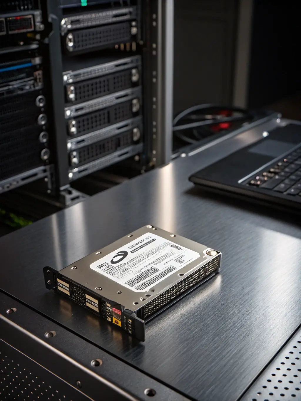 An image of enterprise-grade SSDs installed in a server, highlighting their speed and reliability for data storage in the SupplySphere project.